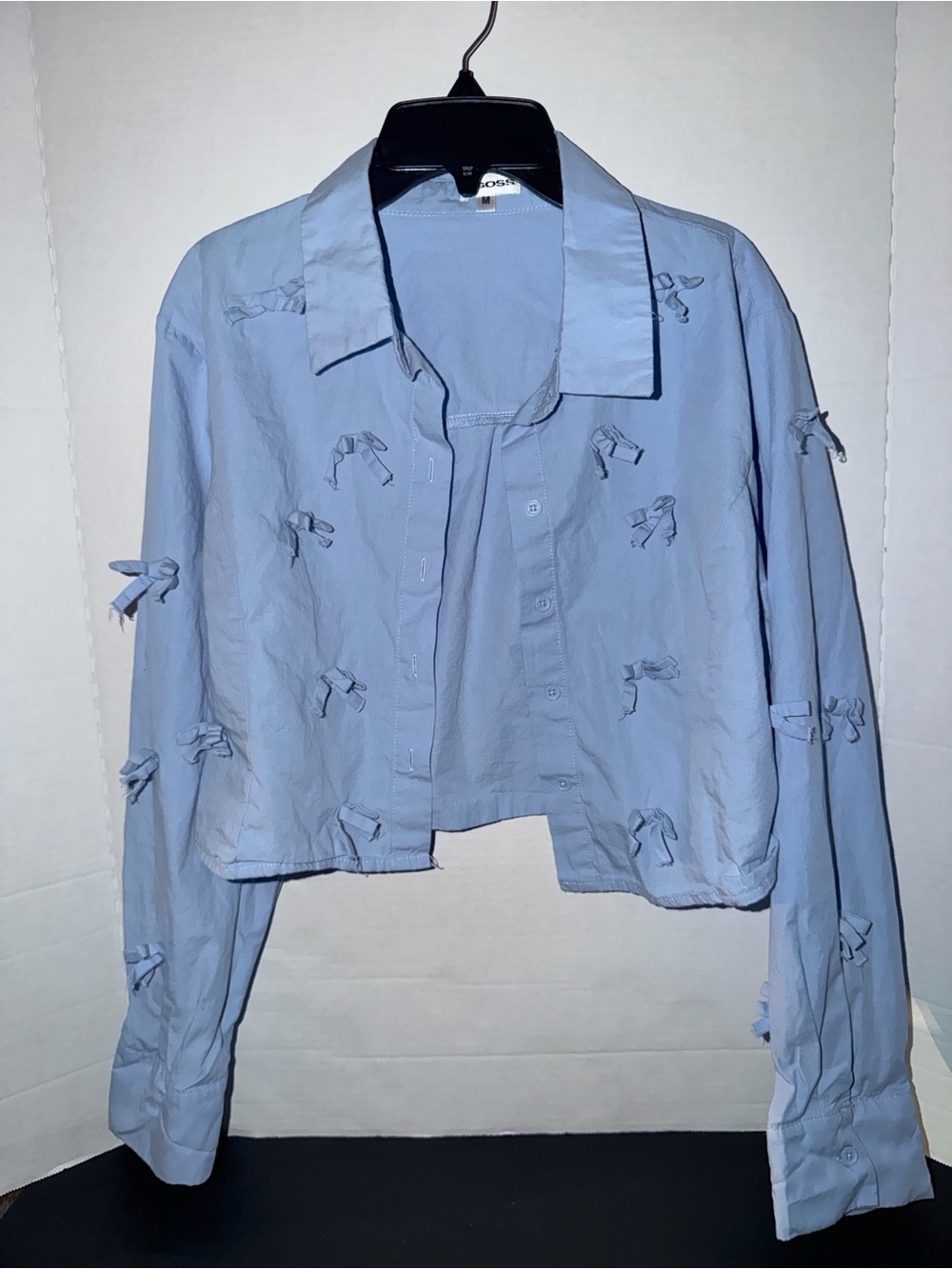 Vigoss Light Blue Cropped Bow-Detail Shirt Jacket